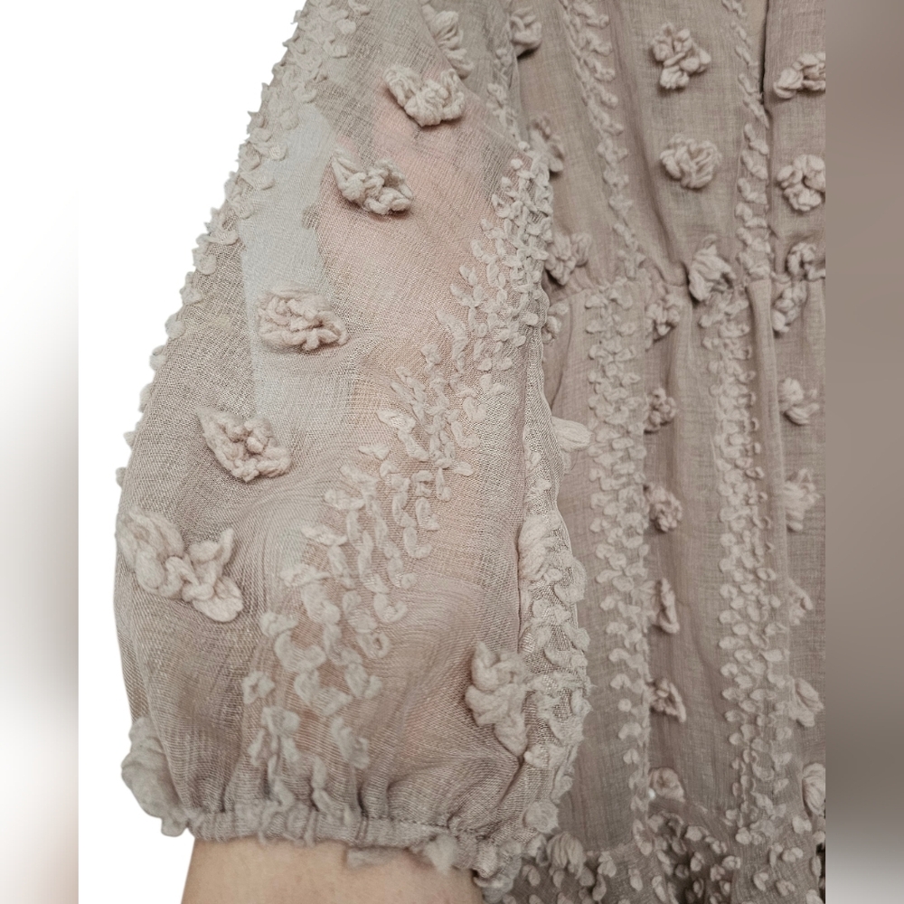 &merci Beige Nude Fairycore Mini Dress Puff Long Sleeves 3D Floral Appliques Sm - Picture 4 of 11
